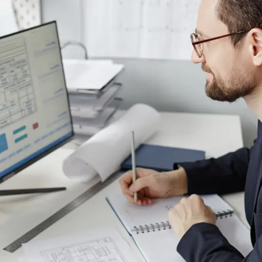 concepteur pao structure metal homme devant écran pc