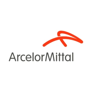 Logo de l'entreprise ArcelorMittal en rouge et noir.